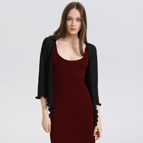 Women's 3/4 Sleeve Tie Open Front Sheer Mesh Lightweight Shrug Cardigan Lightweight Knit for Dresses in Saudi Arabia