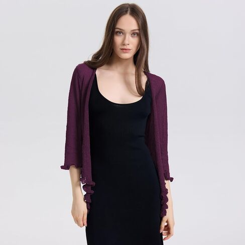 Women's 3/4 Sleeve Tie Open Front Sheer Mesh Lightweight Shrug Cardigan Lightweight Knit for Dresses in Saudi Arabia