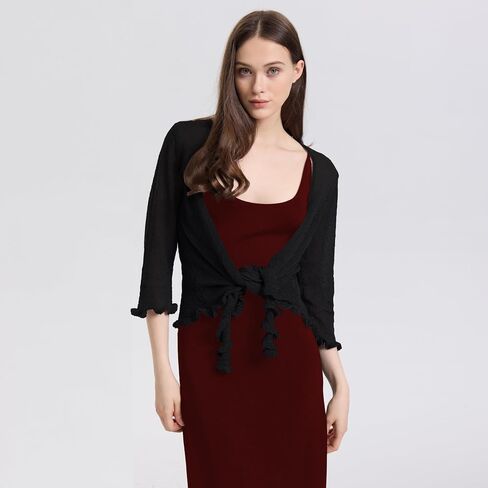 Women's 3/4 Sleeve Tie Open Front Sheer Mesh Lightweight Shrug Cardigan Lightweight Knit for Dresses in Saudi Arabia