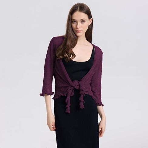 Women's 3/4 Sleeve Tie Open Front Sheer Mesh Lightweight Shrug Cardigan Lightweight Knit for Dresses in Saudi Arabia