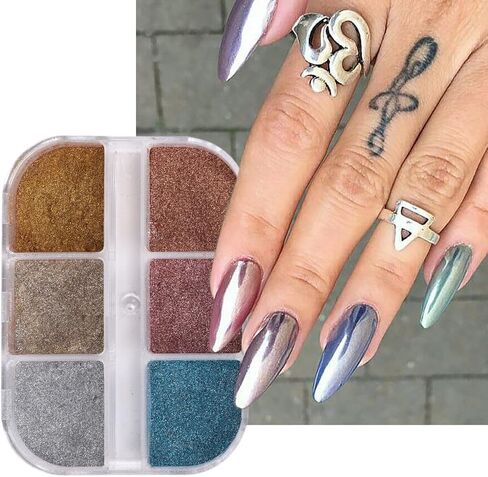 6 Grid Pearl Chrome Nail Powder, Iridescent Aurora Powder Metallic Mirror Effect Pigment Pearlescent Mermaid Pigment Pearl Glitter Dust Kit, Nail Art Decoration, Resin Craft (03_Moonlight) in Kuwait
