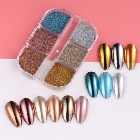 6 Grid Pearl Chrome Nail Powder, Iridescent Aurora Powder Metallic Mirror Effect Pigment Pearlescent Mermaid Pigment Pearl Glitter Dust Kit, Nail Art Decoration, Resin Craft (03_Moonlight) in Kuwait