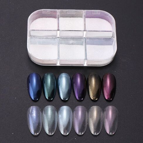 6 Grid Pearl Chrome Nail Powder, Iridescent Aurora Powder Metallic Mirror Effect Pigment Pearlescent Mermaid Pigment Pearl Glitter Dust Kit, Nail Art Decoration, Resin Craft (03_Moonlight) in Kuwait