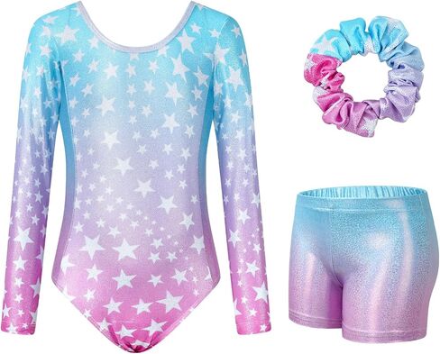 JiAmy Gymnastics Leotards for Girls Cross Back, Long Sleeve Sparkly Dance Biketards with Shorts Ballet Outfit for 3-12 Years in Saudi Arabia