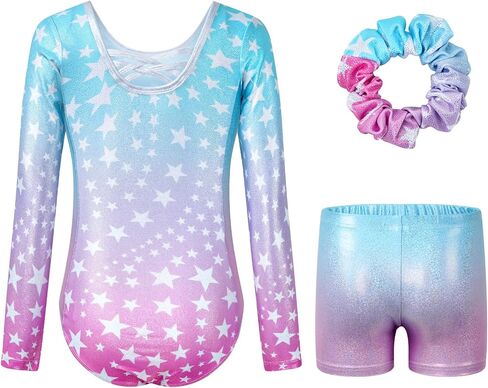 JiAmy Gymnastics Leotards for Girls Cross Back, Long Sleeve Sparkly Dance Biketards with Shorts Ballet Outfit for 3-12 Years in Saudi Arabia