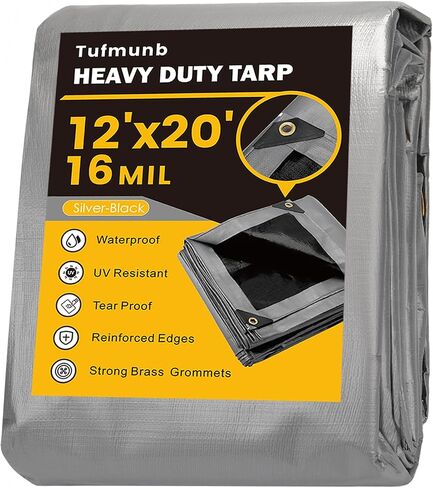 قماش القنب مقاوم للماء 10x20 قدم، قماش القنب السميك 16 مل، مقاوم للأشعة فوق البنفسجية، مقاوم للتمزق والتمزق، قماش القنب الكبير مع حواف معززة للسقف، التخييم، الفناء، حمام السباحة، القارب (فضي/أسود) in Saudi Arabia