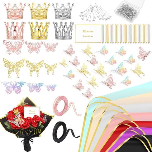 GGSTDDUP 235 قطعة من إكسسوارات باقة الزهور، 35 ورق تغليف الباقة، 6 تيجان ديكورات، 72 ديكور فراشة، 100 دبوس زهرة، 20 بطاقة هدايا وشريطين لحفلات الزفاف وأعياد الميلاد والتخرج in Kuwait