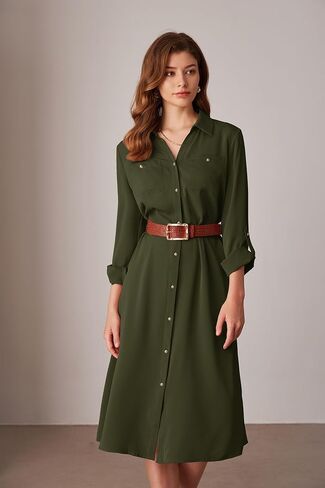 GRACE KARIN Women's Long Sleeve Button Down Shirt Dress Casual Loose Tie Waist Adjustable Sleeve Length Midi Dresses in Saudi Arabia