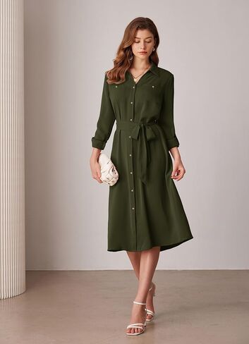GRACE KARIN Women's Long Sleeve Button Down Shirt Dress Casual Loose Tie Waist Adjustable Sleeve Length Midi Dresses in Saudi Arabia