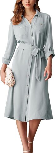 GRACE KARIN Women's Long Sleeve Button Down Shirt Dress Casual Loose Tie Waist Adjustable Sleeve Length Midi Dresses in Saudi Arabia