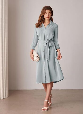GRACE KARIN Women's Long Sleeve Button Down Shirt Dress Casual Loose Tie Waist Adjustable Sleeve Length Midi Dresses in Saudi Arabia