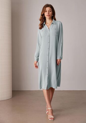 GRACE KARIN Women's Long Sleeve Button Down Shirt Dress Casual Loose Tie Waist Adjustable Sleeve Length Midi Dresses in Saudi Arabia