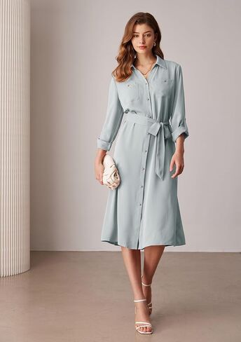GRACE KARIN Women's Long Sleeve Button Down Shirt Dress Casual Loose Tie Waist Adjustable Sleeve Length Midi Dresses in Saudi Arabia