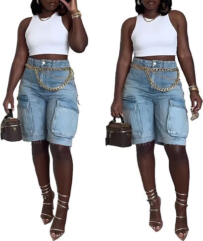 YOOTIKO Womens Bermuda Jean Shorts High Waisted Ripped Pocket Summer Denim Cargo Shorts Streetwear in Saudi Arabia