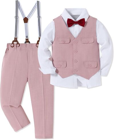 WESIDOM Boy Clothes Suit Formal Dress Shirt+Vest+Bowtie+Suspender Pants Kids Tuxdeo Gentleman Wedding Party Outfits Set in Saudi Arabia