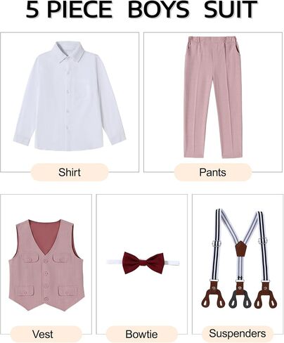 WESIDOM Boy Clothes Suit Formal Dress Shirt+Vest+Bowtie+Suspender Pants Kids Tuxdeo Gentleman Wedding Party Outfits Set in Saudi Arabia