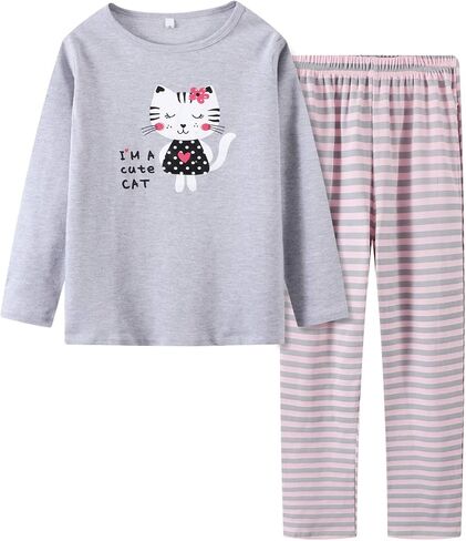CYCHELRY Cute Cat Pajamas for Girls Size 12-18 Big Kids Long Sleeve and Pant Teens PJS Clothes Sleepwear 2PCS Set in Kuwait