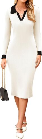 Simplee Womens Long Sleeve Sweater Midi Dress V Neck Casual Slim Fit Bodycon Knit Ribbed Slit Long Dress for Fall Winter in Kuwait