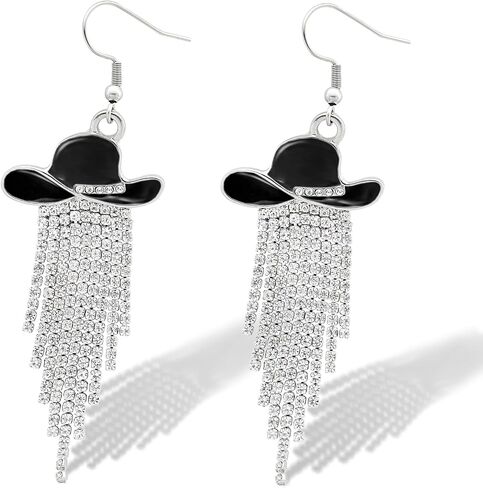 RechicGu Western Cowgirl Enamel Hat Sparkly Rhinestone Tassel Dangle Earrings Prom Country Concerts Rodeo Cowboy Outfits Jewelry Gift for Women in Saudi Arabia