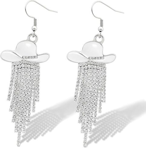 RechicGu Western Cowgirl Enamel Hat Sparkly Rhinestone Tassel Dangle Earrings Prom Country Concerts Rodeo Cowboy Outfits Jewelry Gift for Women in Saudi Arabia