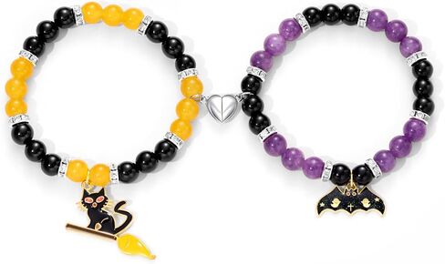 Halloween Bracelets Halloween Gifts for Women Halloween Themed 2 Pcs Beaded Matching Bracelets with Pumpkin Bat Ghost Grim Reaper Charm Accessories Halloween Party Decorations Jewelry in Saudi Arabia