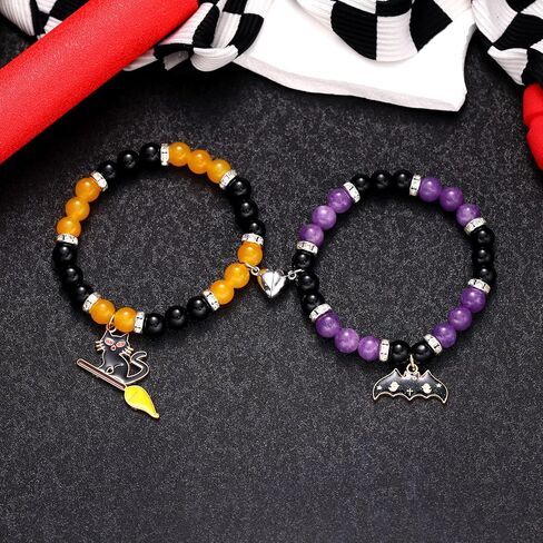 Halloween Bracelets Halloween Gifts for Women Halloween Themed 2 Pcs Beaded Matching Bracelets with Pumpkin Bat Ghost Grim Reaper Charm Accessories Halloween Party Decorations Jewelry in Saudi Arabia