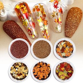 Fall Maple Leaf Nail Glitter Powder Gold Nail Glitter 6 Bottles/Set Autumn Design Shiny Nail Art Flakes Sequins Nail Supllies for Women Acrylic Nails Decorations DIY Crafts