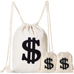 YAROMO Halloween Money Canvas Bag,3 Pieces Robber Cosplay Costume Bag Large Halloween Drawstring Pouch with Dollar Sign for Halloween Party Favors