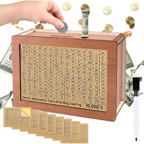 صندوق توفير خشبي من Cash Vault، صندوق نقود خشبي لتوفير النقود مع هدف وأرقام 10000 دولار، حصالة عداد العملات المعدنية مع قلم تحديد للأولاد والبنات (10000 دولار أمريكي)