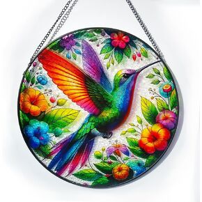 9.8'' Hummingbird Stained Glass Window Hangings, Hand-Painted Hummingbird Flowers Suncatcher Stained Panel Wall Decor with Chain, Birds Sun Catcher for Women (Green)