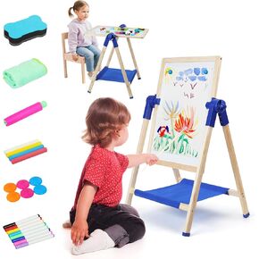 Toddler Easel, Kids Art Easel, Easel for Kids, Wooden Double-Sided Drawing Board, Adustable Art Table, Deluxe Standing Easel Set,360°Rotating Drawing Easels with Art Supplies,Age 3-5,4-8