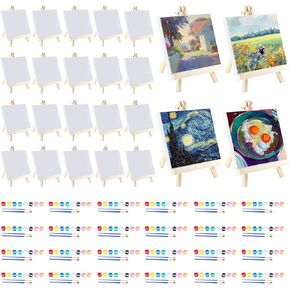 120 Pcs Mini Canvas Painting Set Includes 4x4 Inch Mini Canvas,Mini Easel,Paint Brushes,Acrylic Paint,Mini Canvas and Easel Mini Art Painting Set for Painting for Kids Adults Painting Gift