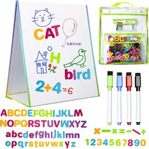 Magnetic Easel and Whiteboard for Kids – 4 Dry Erase Markers, 72 Magnet Numbers and Letters, and Bonus Carrying Bag – Table Top Educational Children’s Play Set