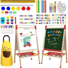 Wooden Art Easel for Kids and Toddlers, Double-Sided with Magnetic Drawing Board, Adjustable Height, Includes Magnetic Letter & Number Set and Paper Roll.