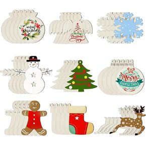 45 Pcs Wooden Christmas Ornaments,9 Styles DIY Blank Unfinished Wood Cutouts Ornament with 50 Twine for Crafts Centerpieces Holiday Hanging Decorations