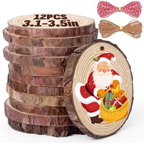 Unfinished Natural Wood Slices 3.1-3.5 Inch, 12PCS Round Wooden Discs with Tree Bark, Wood Rounds Predrilled with Hole, 20m Twine String for Crafts Christmas Ornaments, Wood Circles for Rustic Wedding