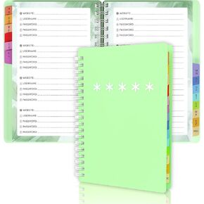 Spiral Password Book with Colorful Alphabetical Tabs -4.5x6.5 Inch Passwords Book for Internet Login, Website, Username, Password. Alphabetized Password Book for Home or Office - Black