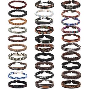 30 Pcs Braided Leather Bracelets for Men Women Woven Cuff Wrap Bracelet Wood Beads Hemp Cords Ethnic Tribal Handmade Wrap Wristband Bracelets Set Adjustable