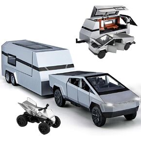 Pickup Trailer RV Model, Metal Pick-Up Truck Trailer Toy with Motorcycle, Toy Truck with Sound/Light/Pull Back/Realistic Interior Exterior,Ideal Toy Car Vehicle Gifts (1/32 Green Pickup Trailer RV)