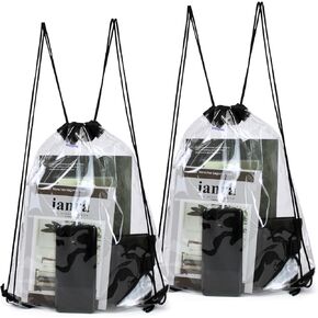 2 Pcs Drawstring Backpacks, See Through PVC Waterproof Drawstring Bags, Lightweight Clear Backpack for Gym Sports (2, Black)