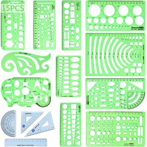 15PCS Geometric Drawings Templates,Transparent Green Plastic Ruler, Drafting Stencils Measuring Tools, Measuring Geometry Rulers for Office, Studying