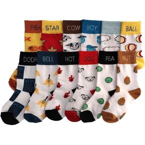 Mixin It Up Kids Compound Words Crew Cut Socks Collection -6 Pairs - Size (S) 3-6 Years includes Doorbell, Cowboy, Hotdog, Starfish, Snowball, and Peanut.