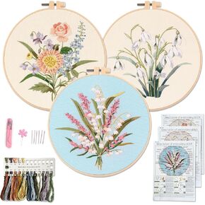 Myfelicity Embroidery kit for Adults and Beginners, Includes 3 Floral Pattern Fabrics, 3 Embroidery Hoops, Embroidery Floss and Other Tools.