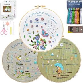 WANGTU 3 Sets Embroidery Kit for Beginners,Stamped Cross Stitch Kits,23 Basic Stitches Practice Kit for Adult with Embroidery Patterns,Full Tool Kit