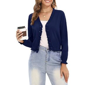 Bloggerlove Lightweight Cardigan Sweater for Women Cropped Ruffle Long Sleeve Button Down Shrug Sweater Dressy