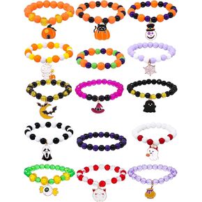 15PCs Halloween Bracelets Girls Boys Bracelets with Pumpkin Ghost Eyeball Clown Wizard Hat Skeleton Cat Halloween Pendants for Halloween Party Favors