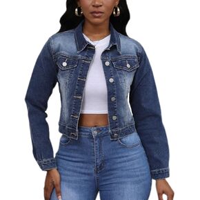 Women Trendy Jean Jacket Stretchy Cropped Denim Jacket Long Sleeve Button Down Denim Coat