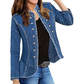 Jean Jackets for Women Trendy Stretch Denim Jacket Button Up Vintage Frayed Hem Denim Shacket Long Sleeve