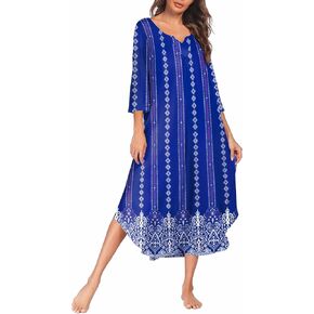 Ekouaer Long Nightgown for Women 3/4 Sleeves Nightshirt Maxi Sleep Dress Plus Size Loungewear Full Length Sleepwear