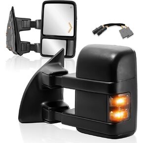 Tow Mirrors Compatible for 1999-2007 Ford F250 F350 F450 F550 Super Duty Black Driver Passenger Side Mirror Power Heated Telescope w/Turn Signal Light